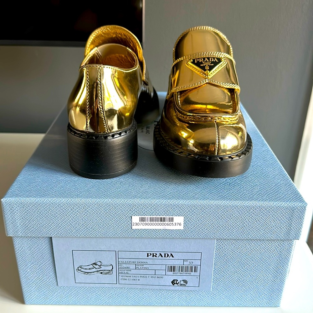 BRAND NEW never worn gold Prada loafers size 37!